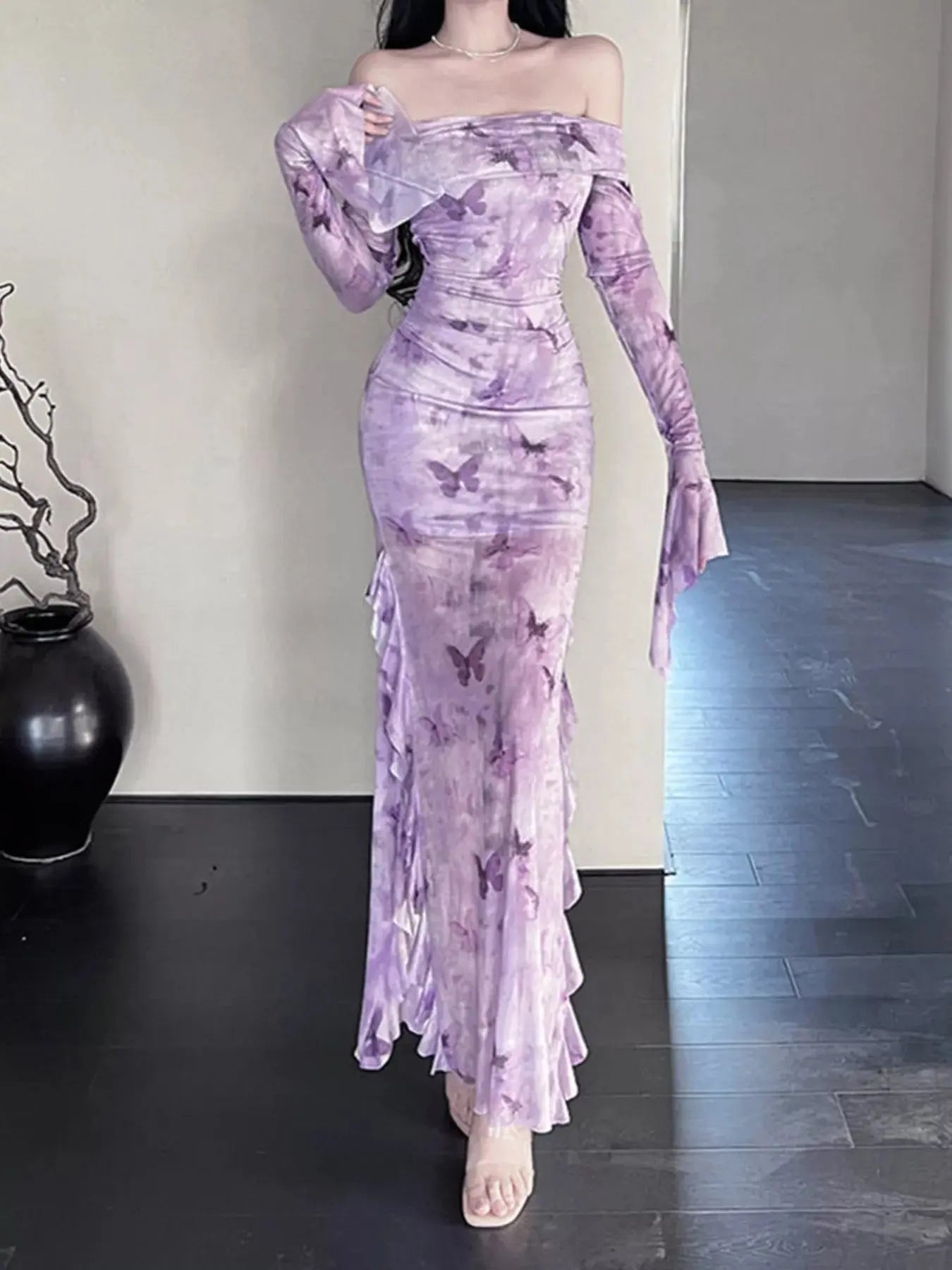 Butterfly Print Off-Shoulder Mesh Mermaid Dress Simply Love
