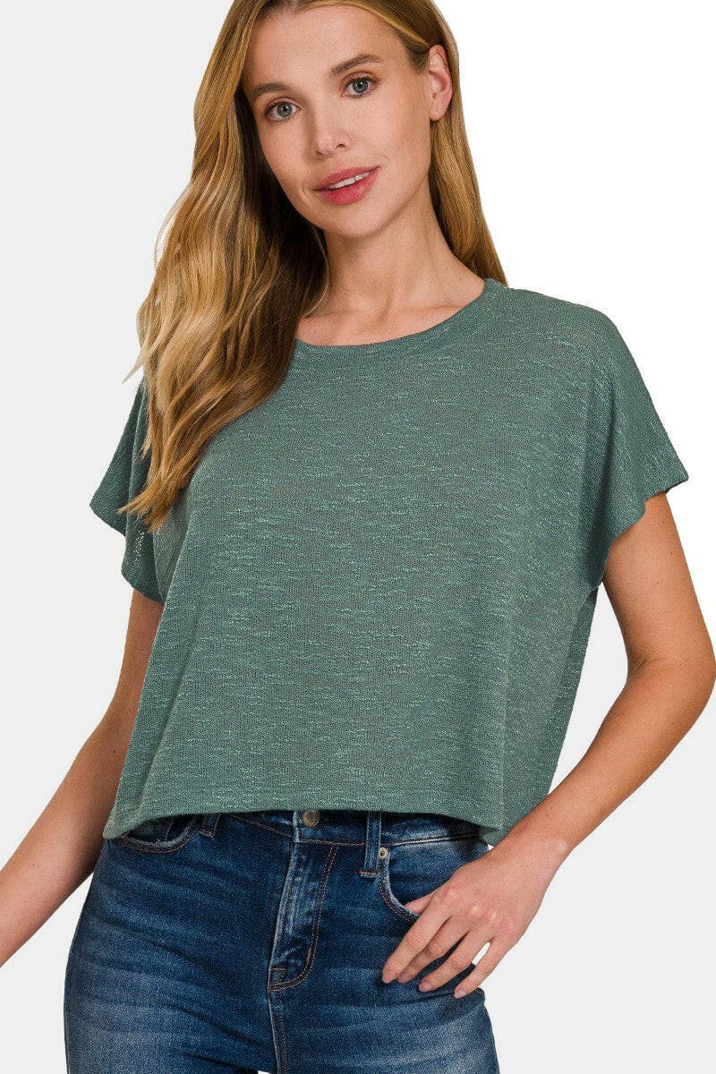 Zenana Round Neck Short Sleeve Crop T-Shirt.