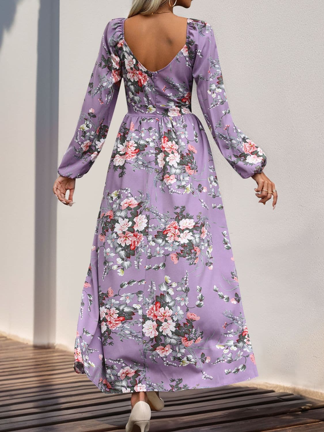 Slit Printed Surplice Long Sleeve Maxi Dress.