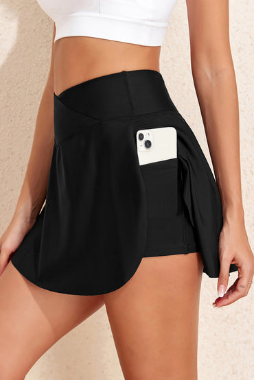 Black Crossover High Waist Swim Skort with Pockets