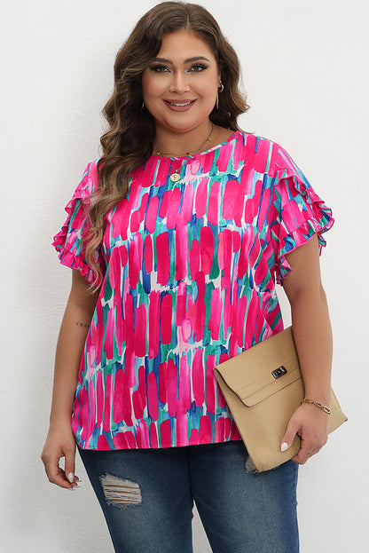 Floral plus size ruffled sleeve blouse with abstract design