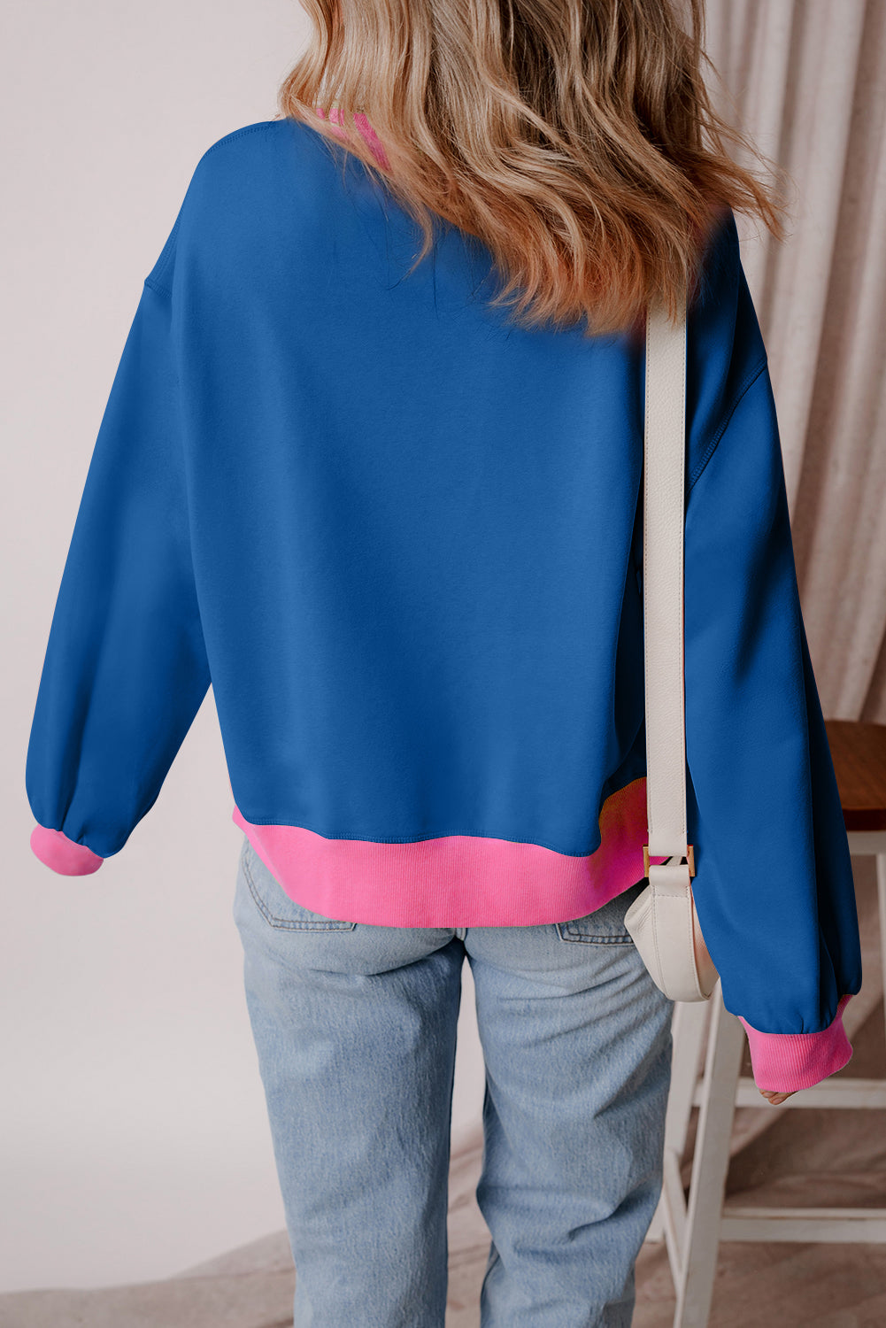 Chic blue colorblock bubble sleeve pullover sweatshirt