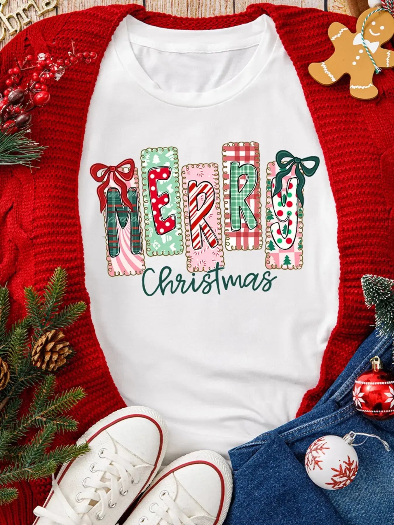Merry Christmas Ribbon Bow Detail Holiday Graphic Tee Simply Love