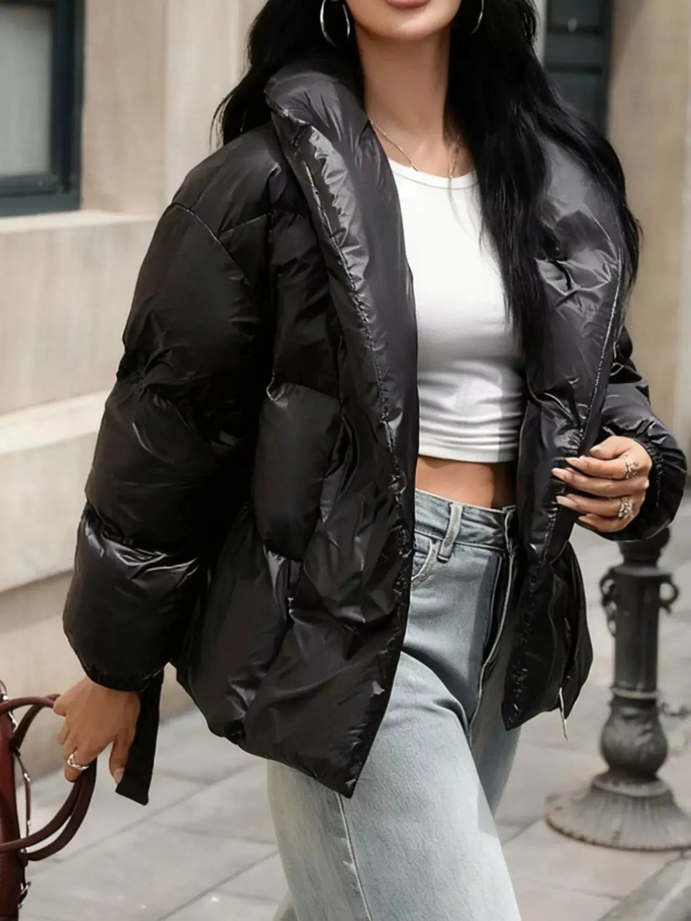 Long Sleeve Belted Puffer Jacket Simply Love