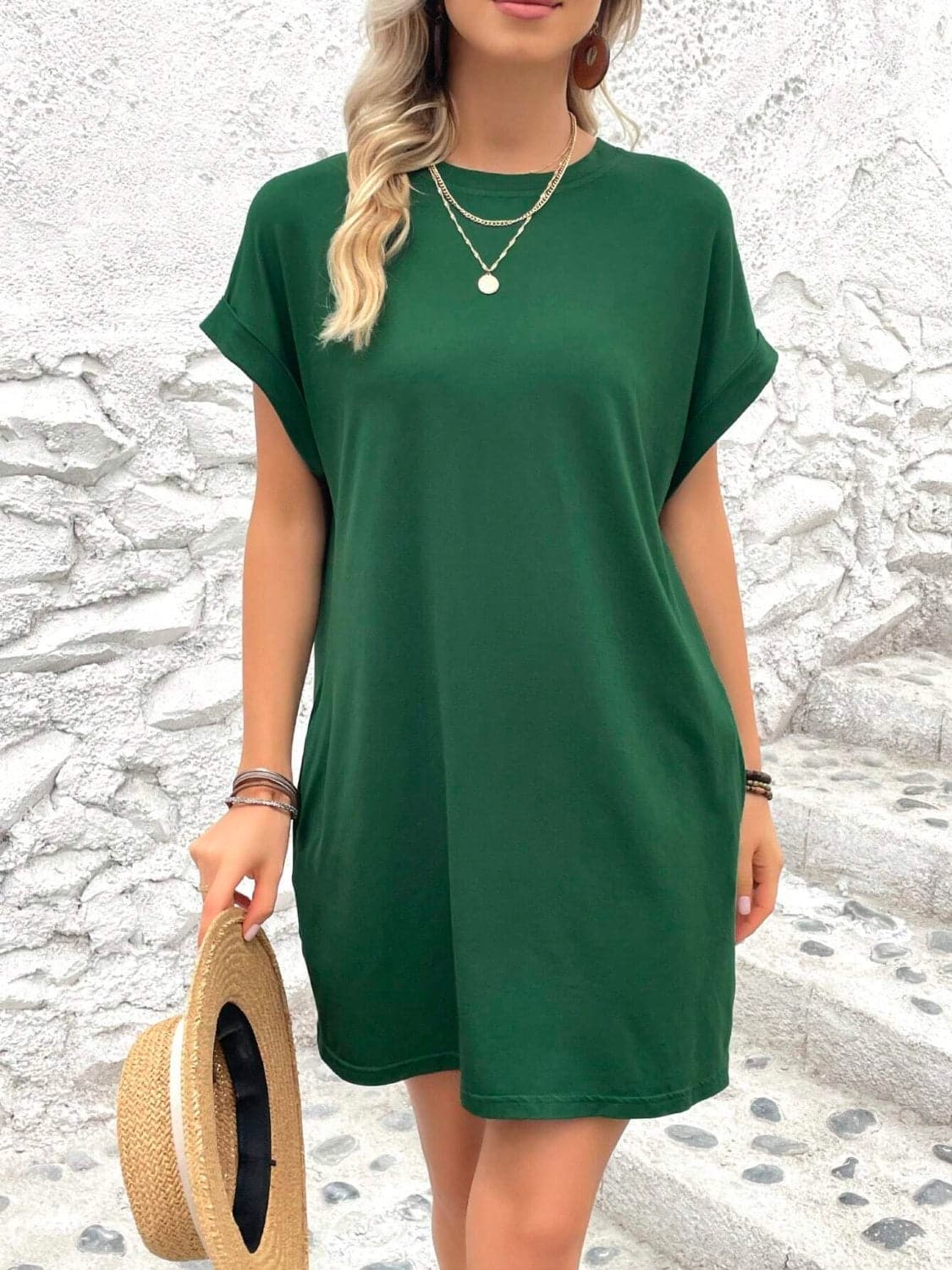 Round Neck Short Sleeve Mini Dress.