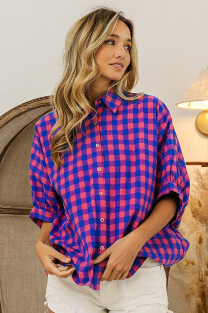 BiBi Plaid Button Up Dolman Sleeve Shirt.