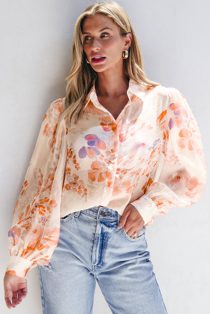 Floral balloon sleeve collared shirt