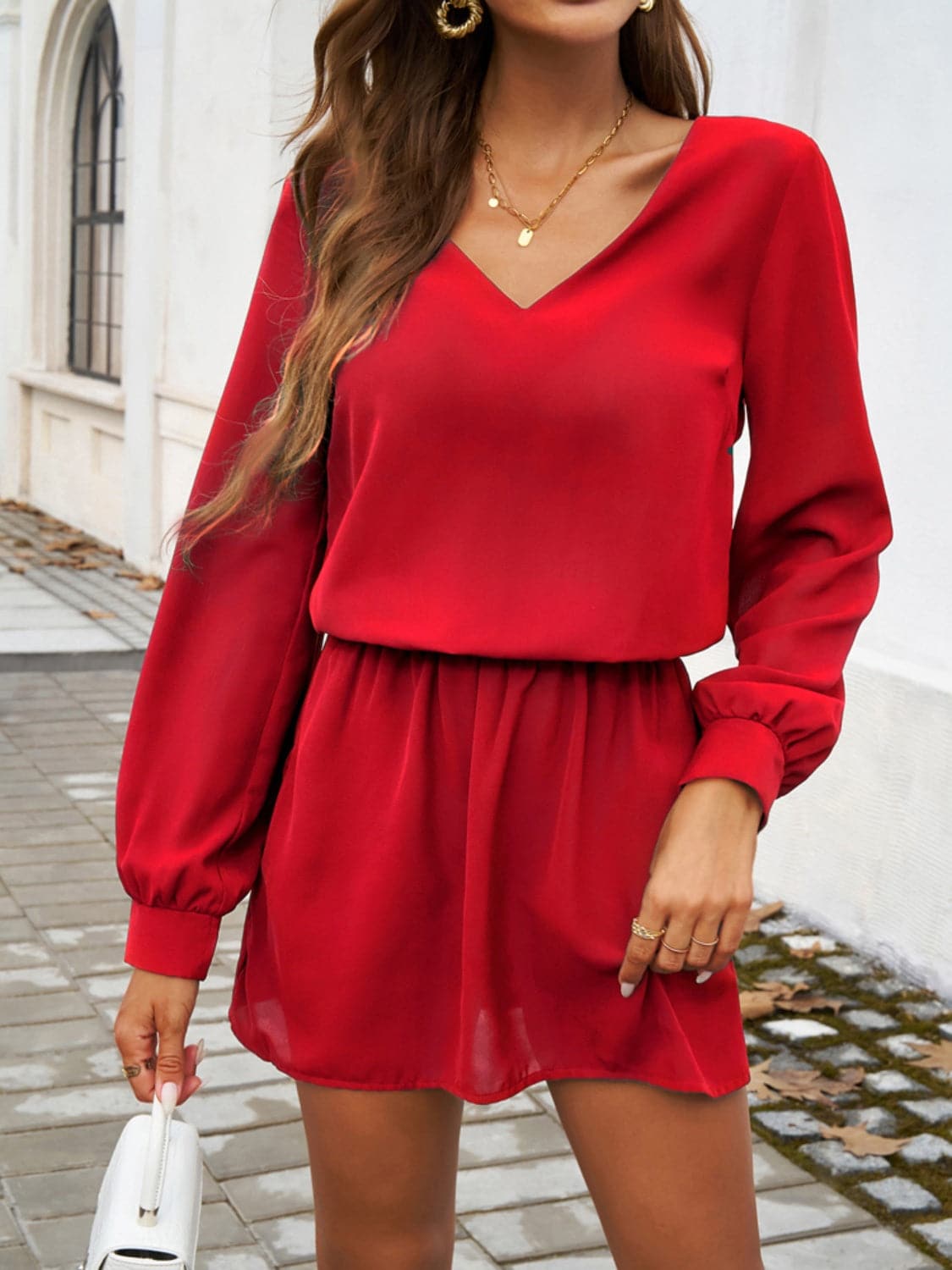 Cutout V-Neck Long Sleeve Mini Dress.