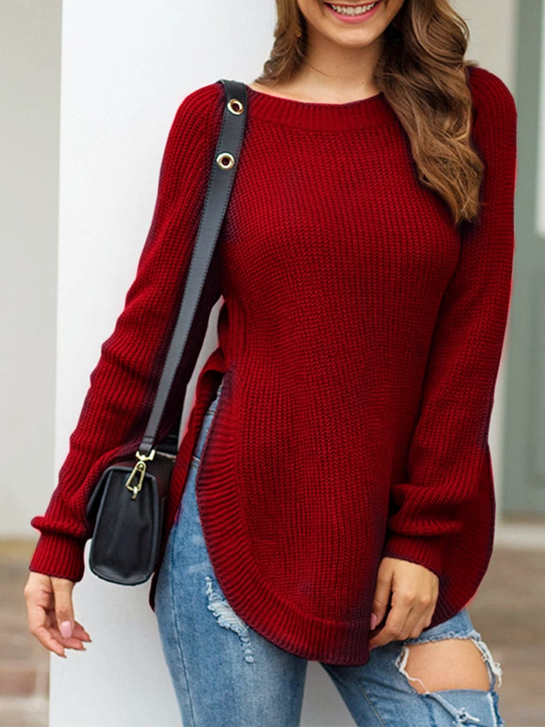 Slit Round Neck Long Sleeve Sweater.