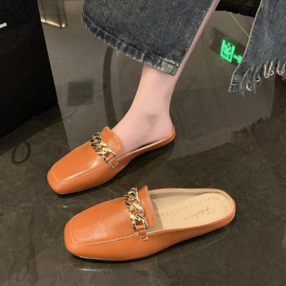 PU Leather Square Toe Flat Loafers.