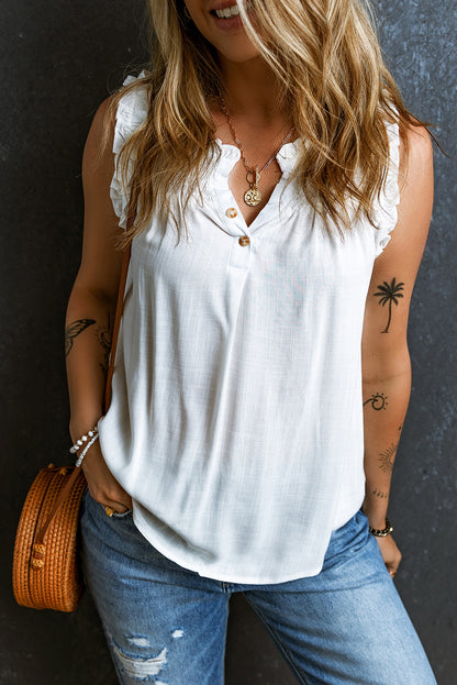 Chic white ruffled trim tank top with buttoned split neck