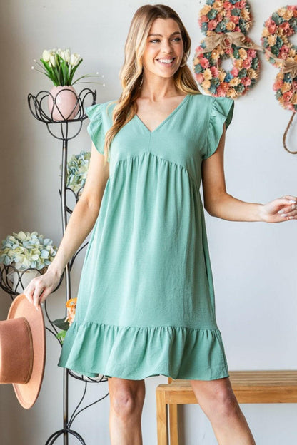 Heimish Full Size Short Sleeve V Neck Ruffled Hem Dress.