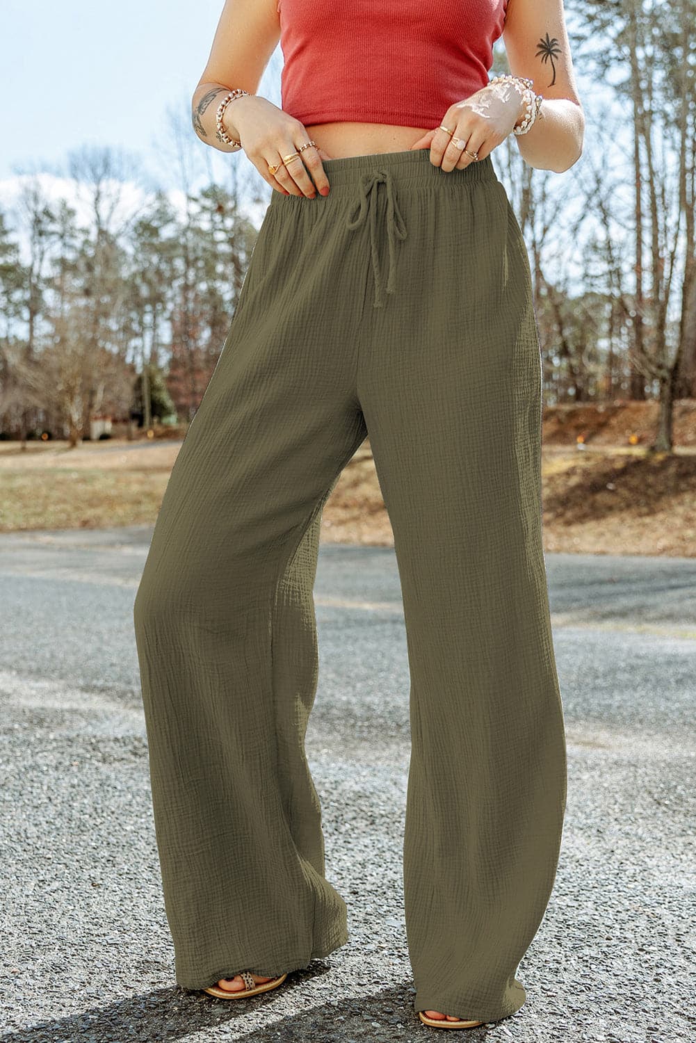 Texture Tied Wide Leg Pants.