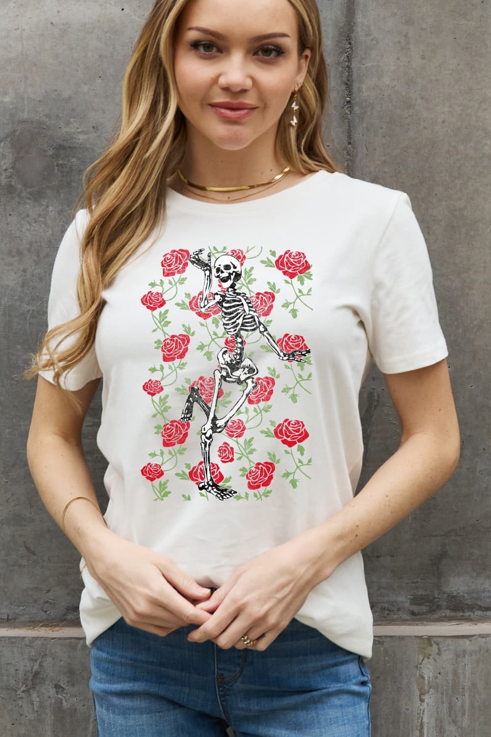 Skeleton rose cotton tee - casual style