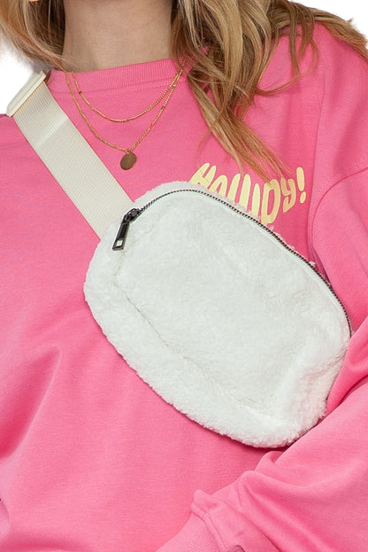 Chic bright white sherpa crossbody bag with adjustable strap