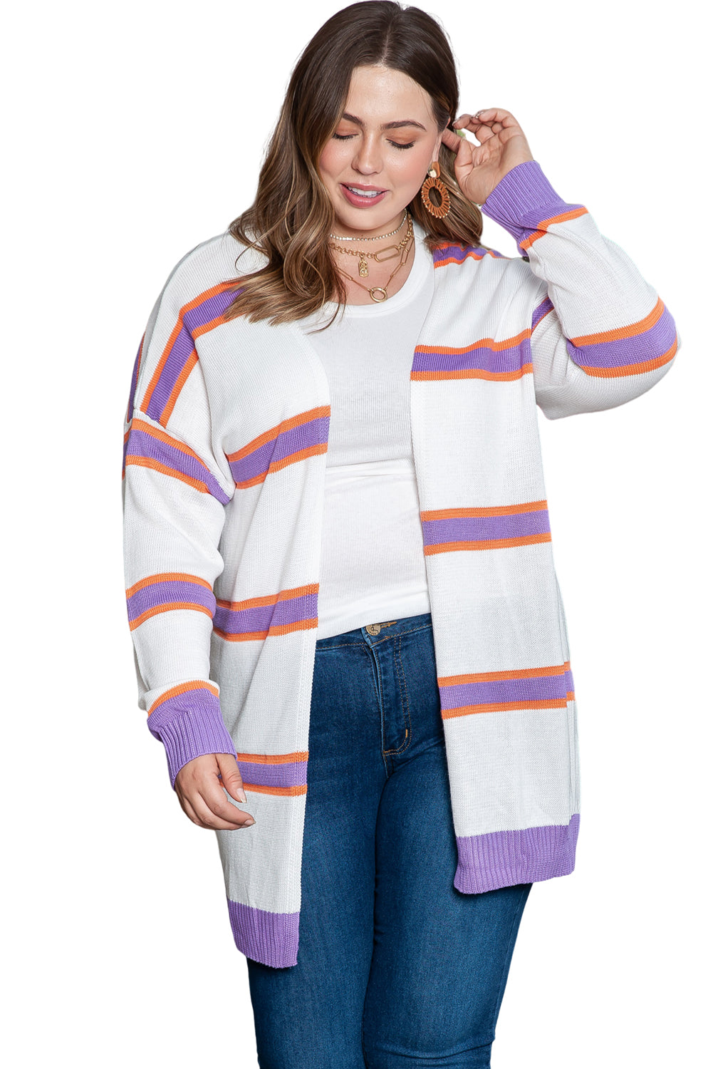 Beige Plus Size Striped Cardigan