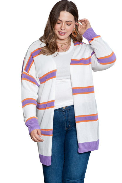 Cozy beige plus size striped cardigan with dropped shoulders