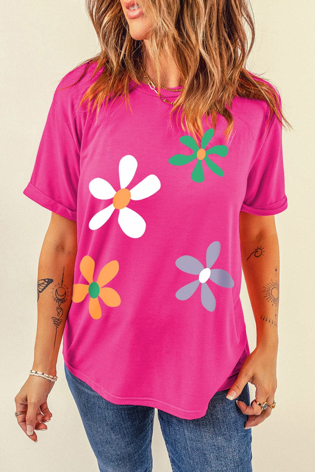 Flower Round Neck Short Sleeve T-Shirt.