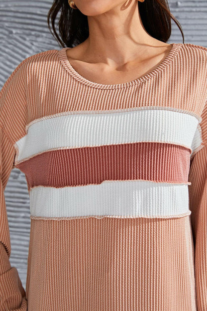 Ribbed Color Block Exposed Seam Round Neck Blouse.