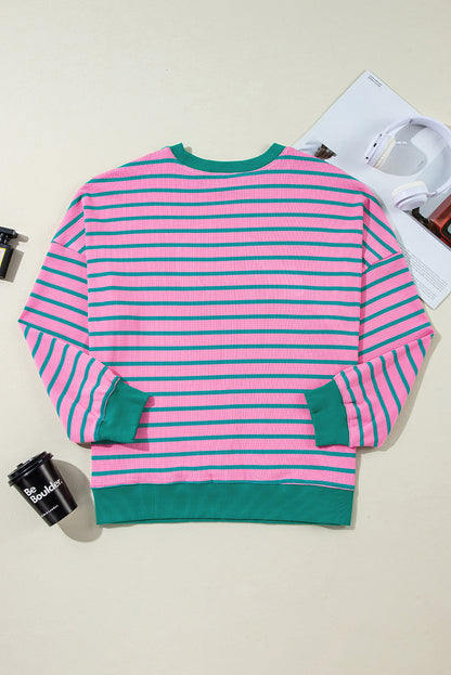 Cozy chic pink stripe plus size sweatshirt with waffle knit texture