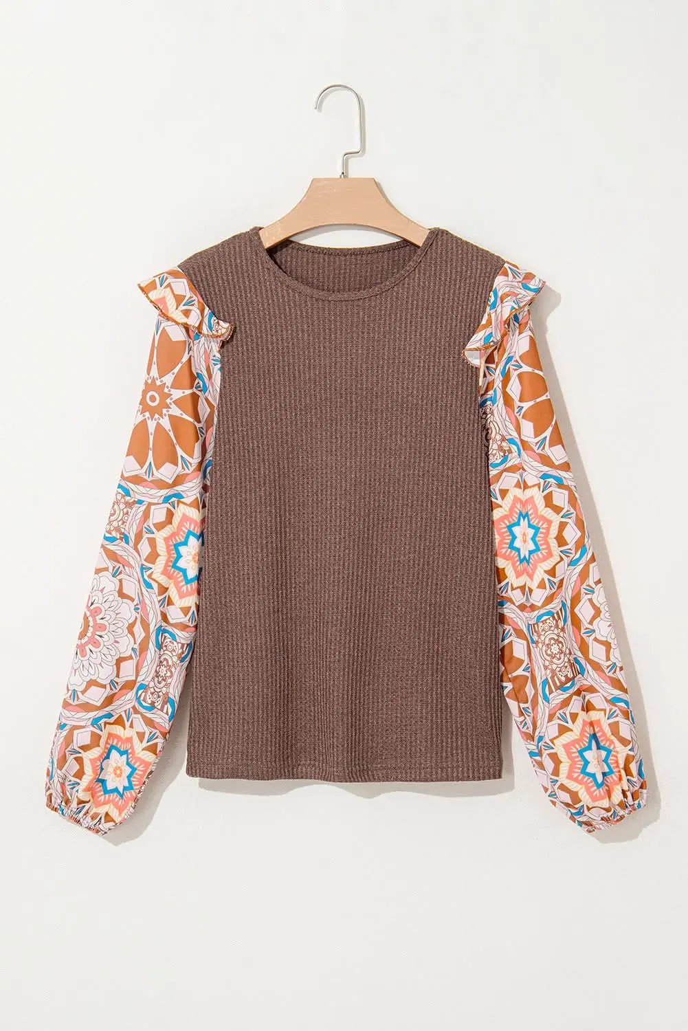 Coffee Ruffled Floral Sleeve Patchwork Waffle Knit O Neck Blouse - Love Salve 