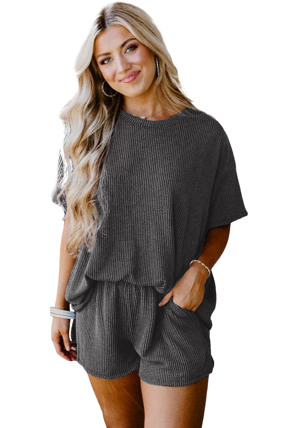 Chic carbon grey ribbed knit lounge set for effortless style