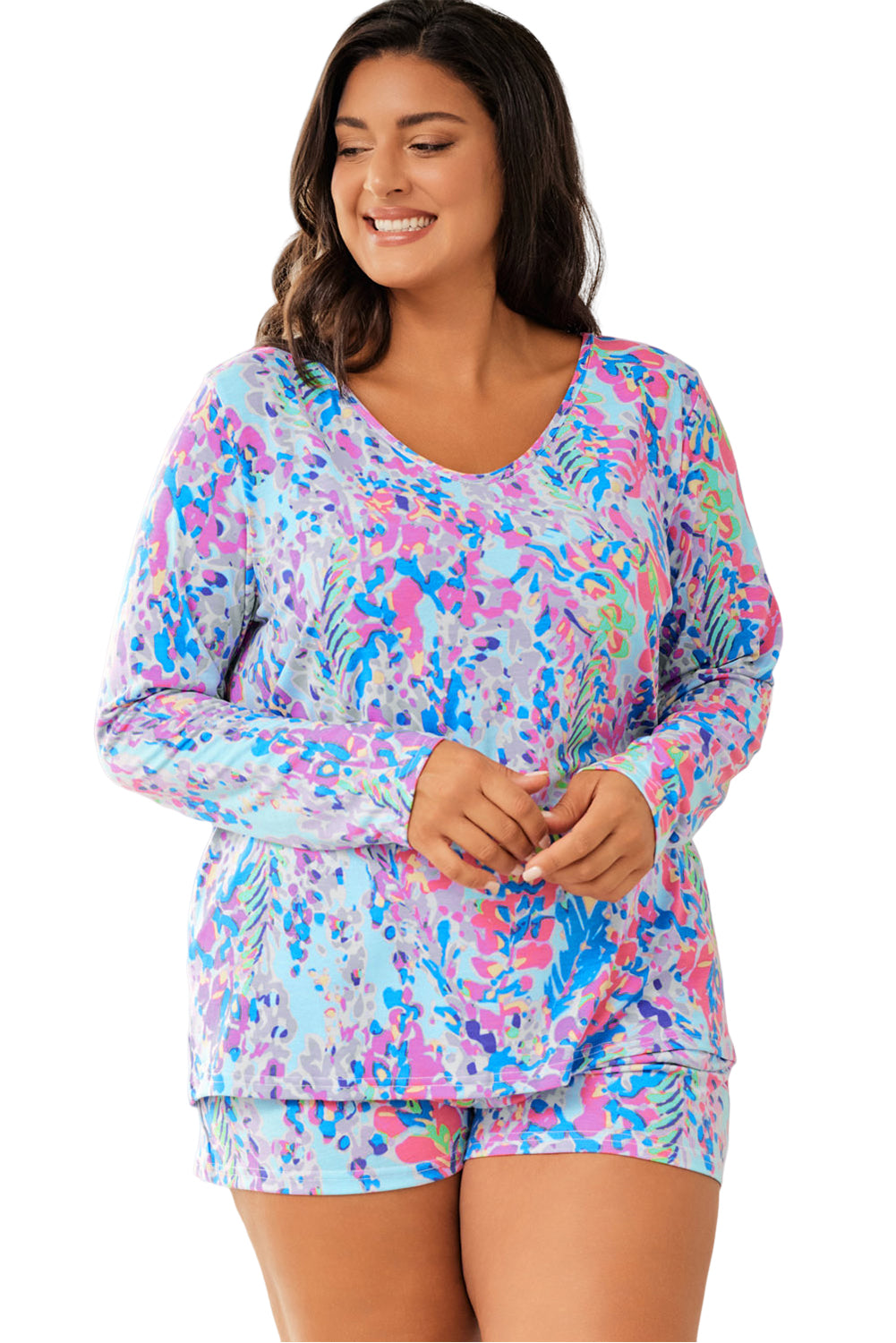 Sky Blue Floral Lounge Set for Plus Sizes with Long Sleeves and Shorts