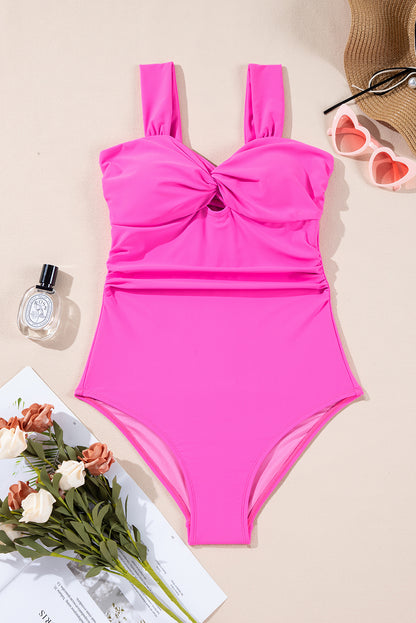 Vibrant Pink Backless Twist Bowknot One-Piece Swimsuit