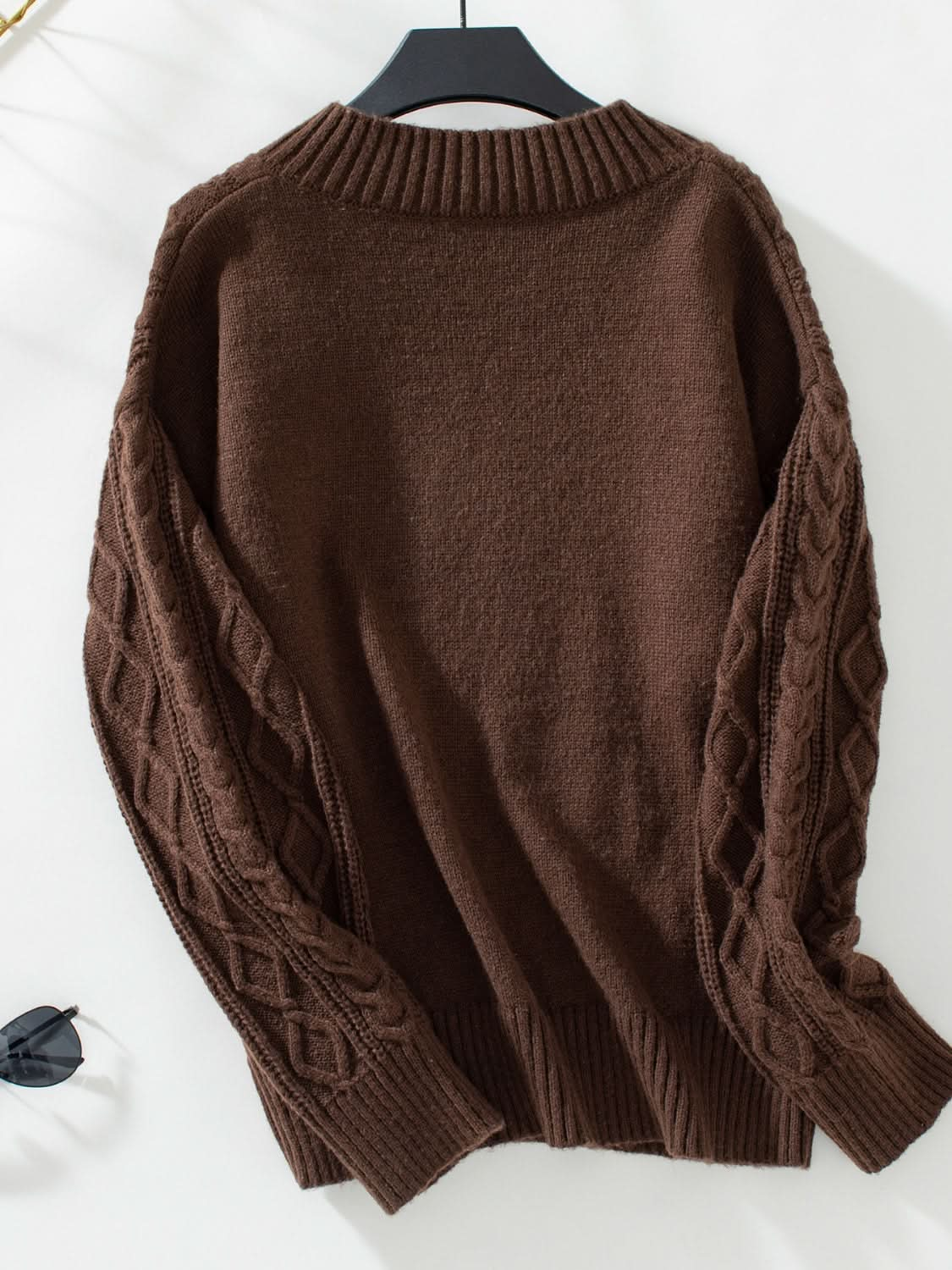 Cable-Knit Notched Long Sleeve Sweater