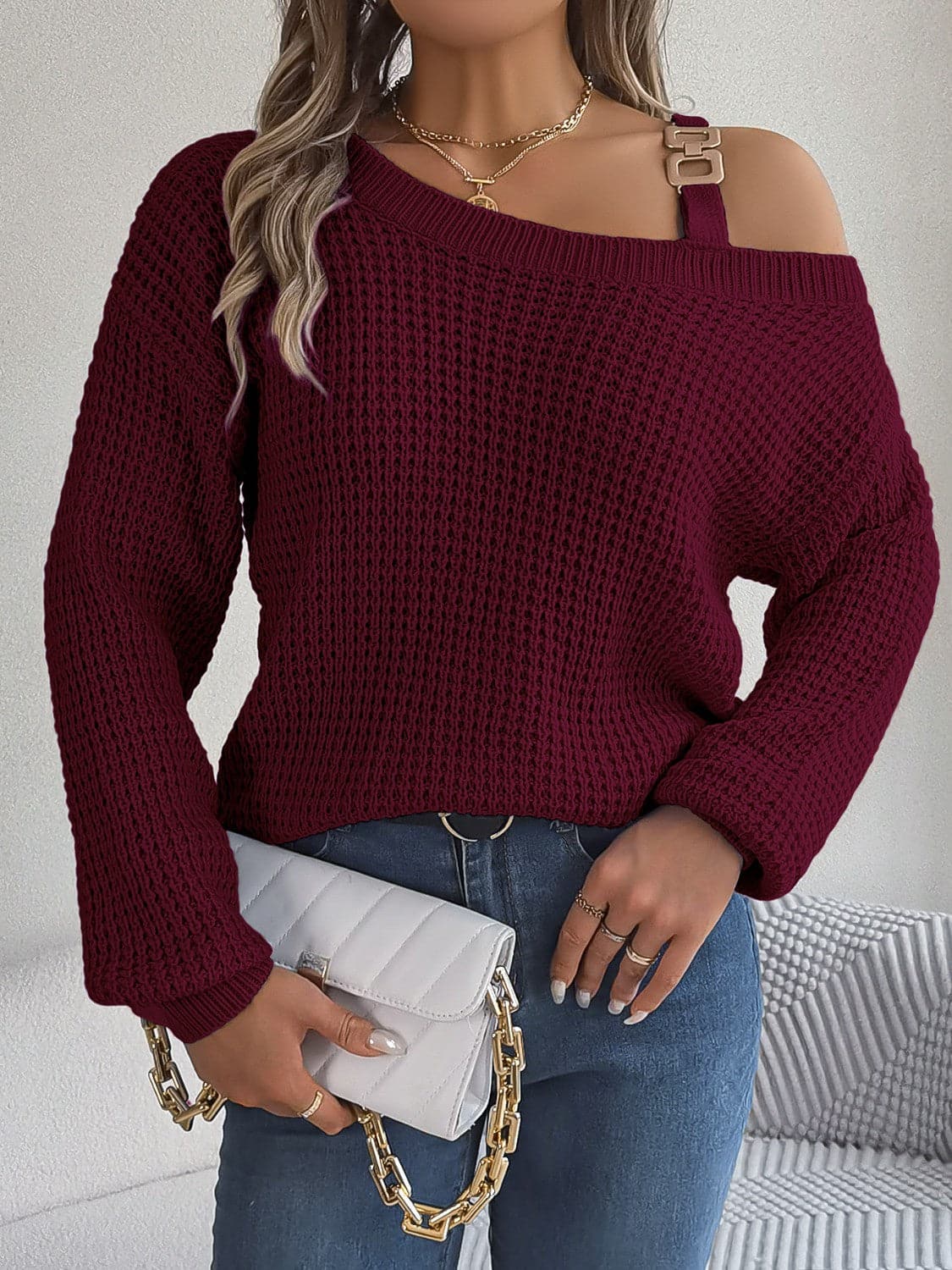 Asymmetrical Neck Long Sleeve Sweater.