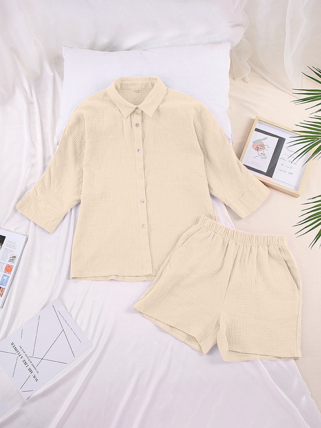 Texture Button Up Shirt and Shorts Set.