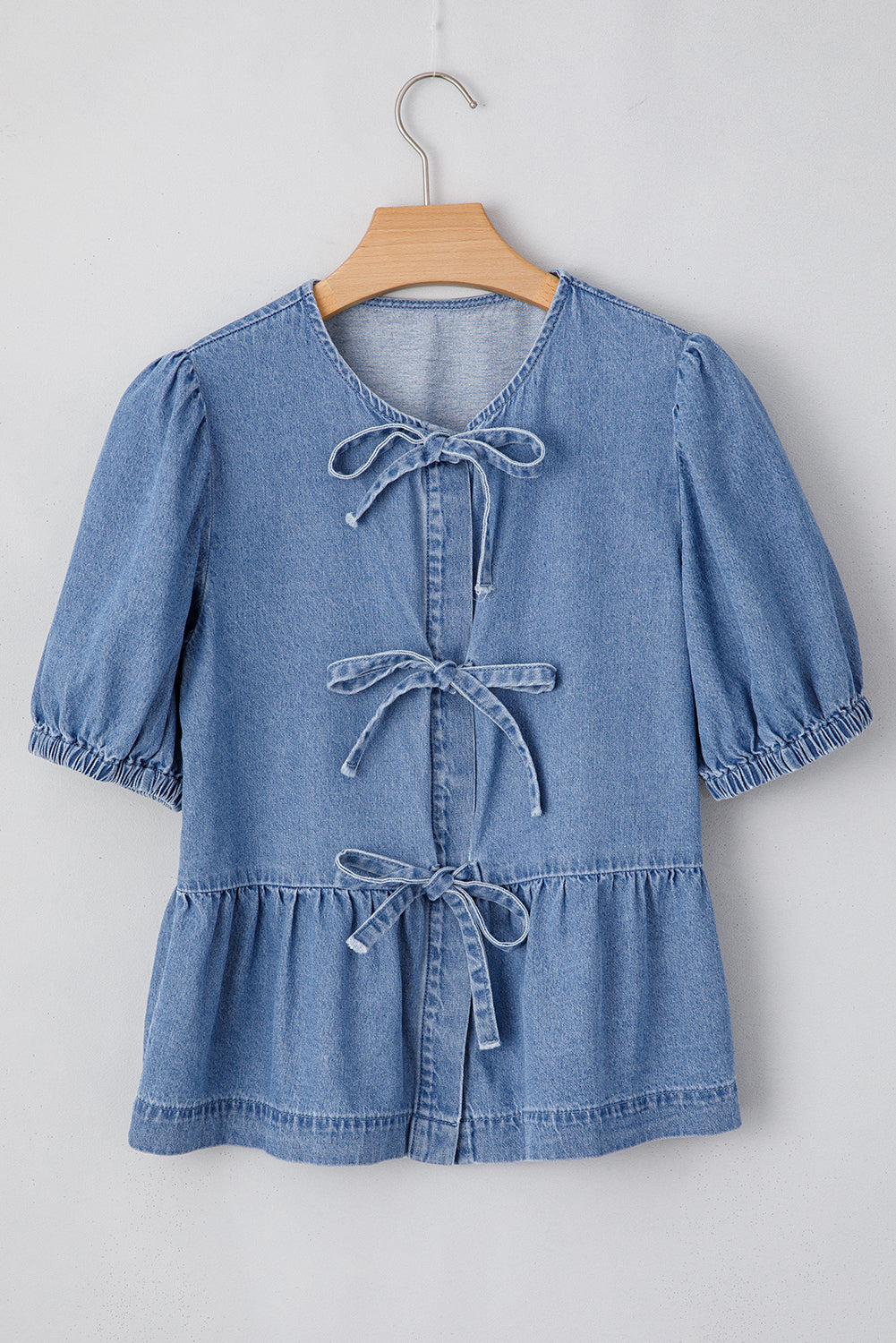 Dusk Blue Tie-Front Peplum Denim Shirt with Bubble Sleeves