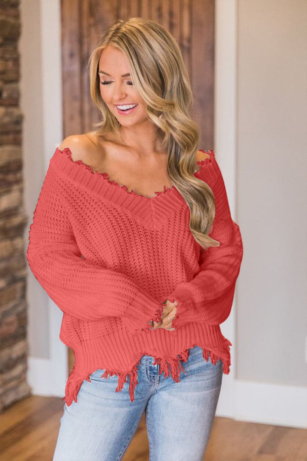 Frayed Hem Dropped Shoulder Sweater.