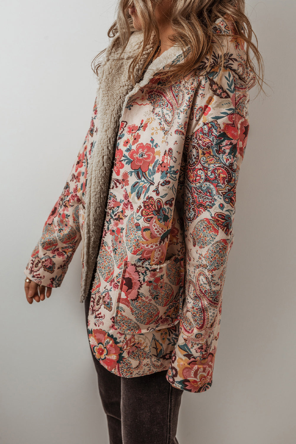 Beige floral paisley hooded Sherpa jacket for a vintage vibe