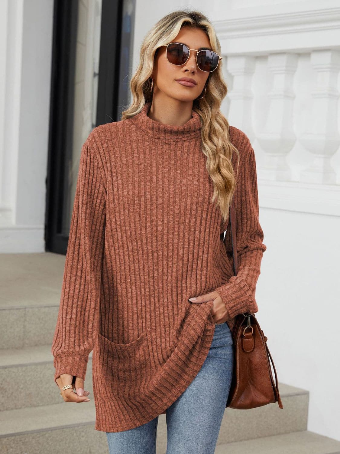 Ribbed Mock Neck Long Sleeve T-Shirt.