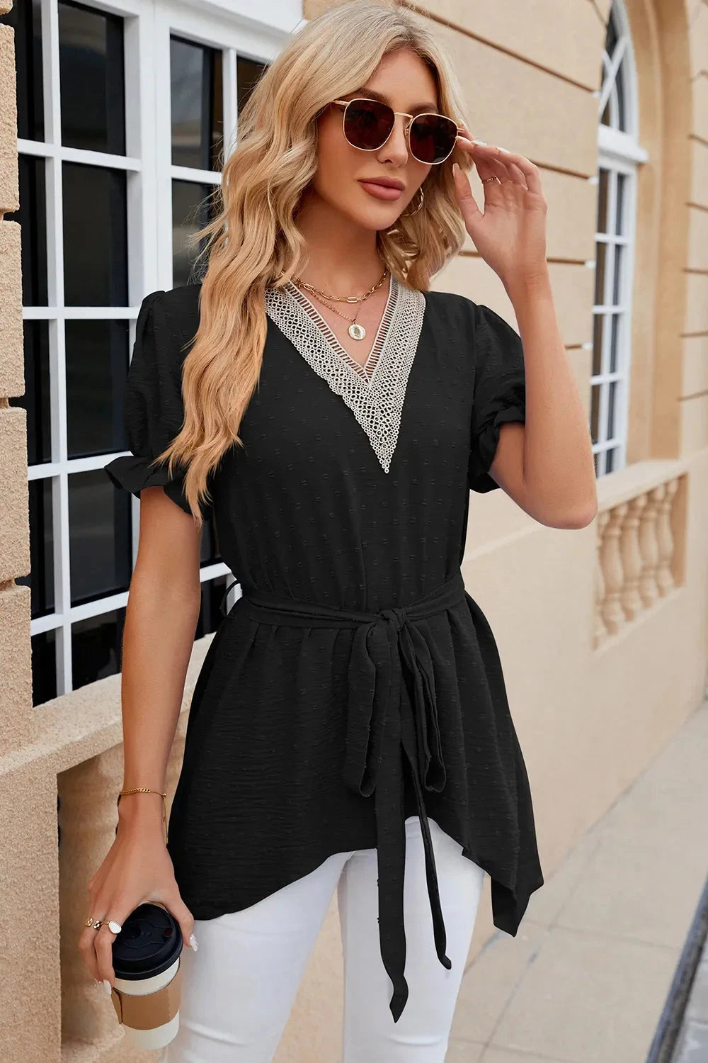 Swiss Dot Tie Waist Flounce Sleeve Blouse Coco’s Tee Boutique