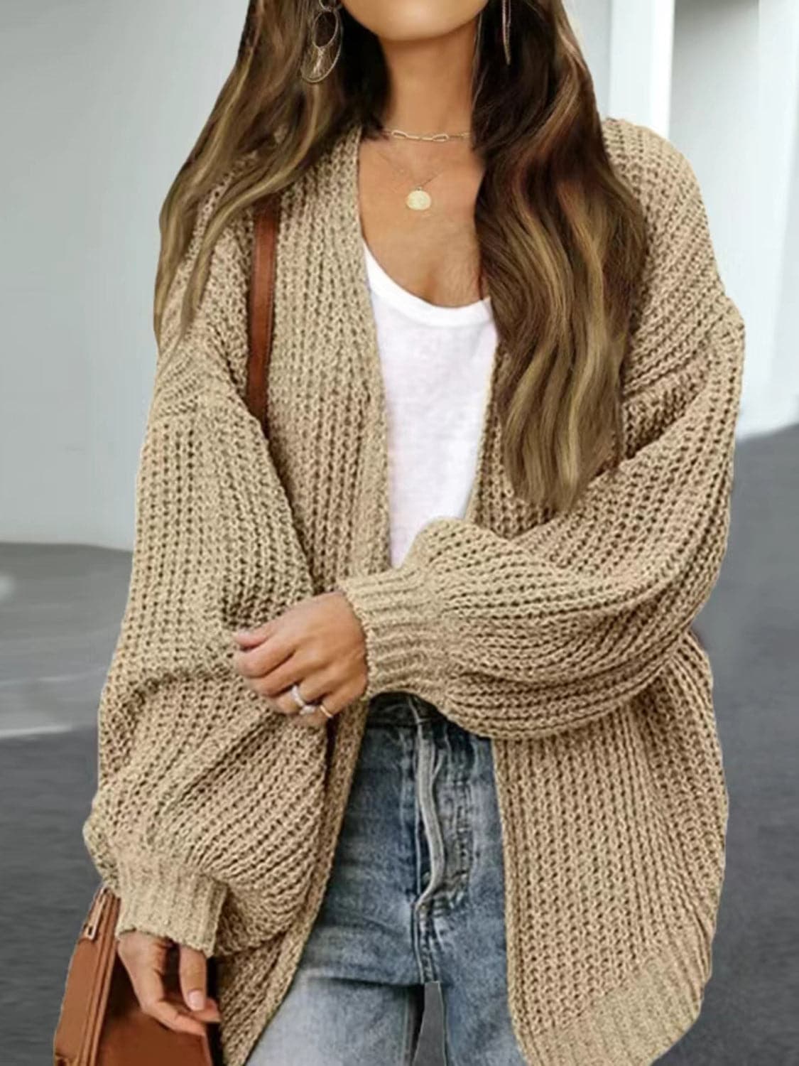 Drop Shoulder Balloon Sleeve Cardigan.