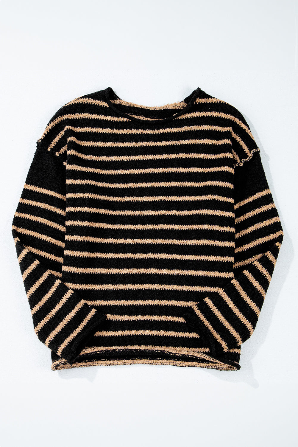 Trendy Black Striped Oversized Round Neck Sweater