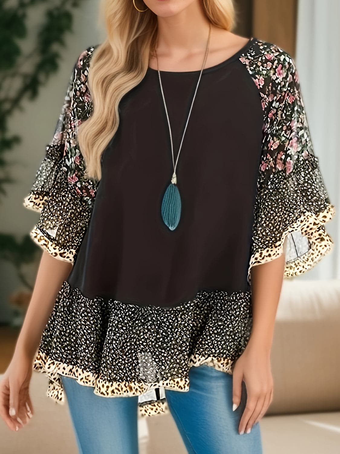 Frilled printed blouse - half sleeves