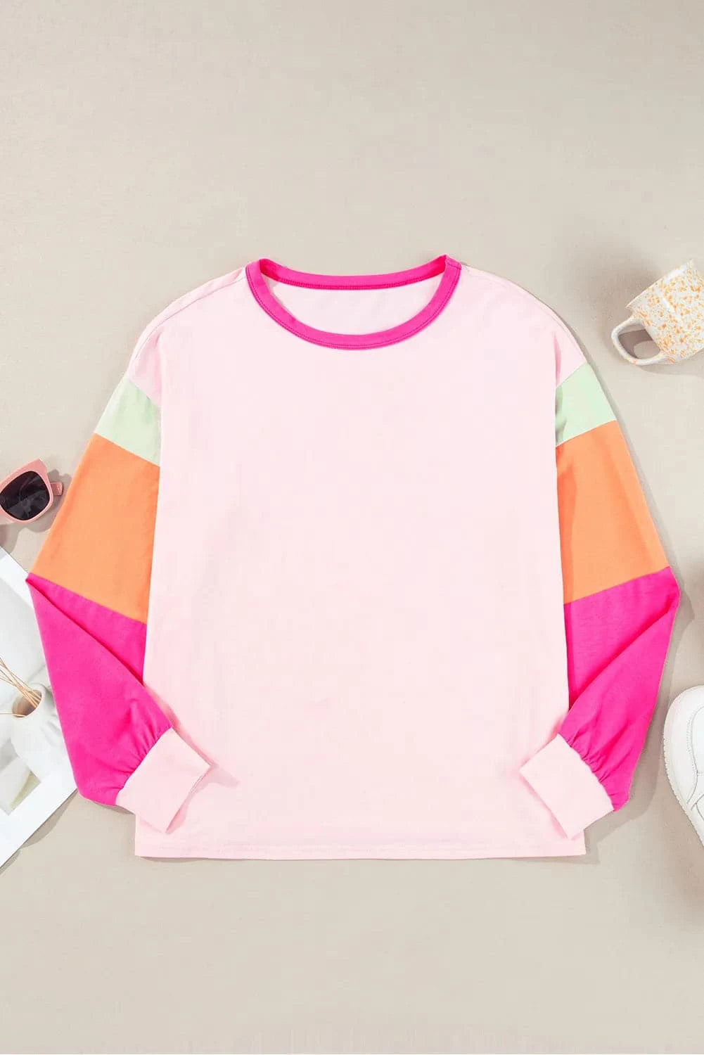 Color Block Round Neck Long Sleeve Top.