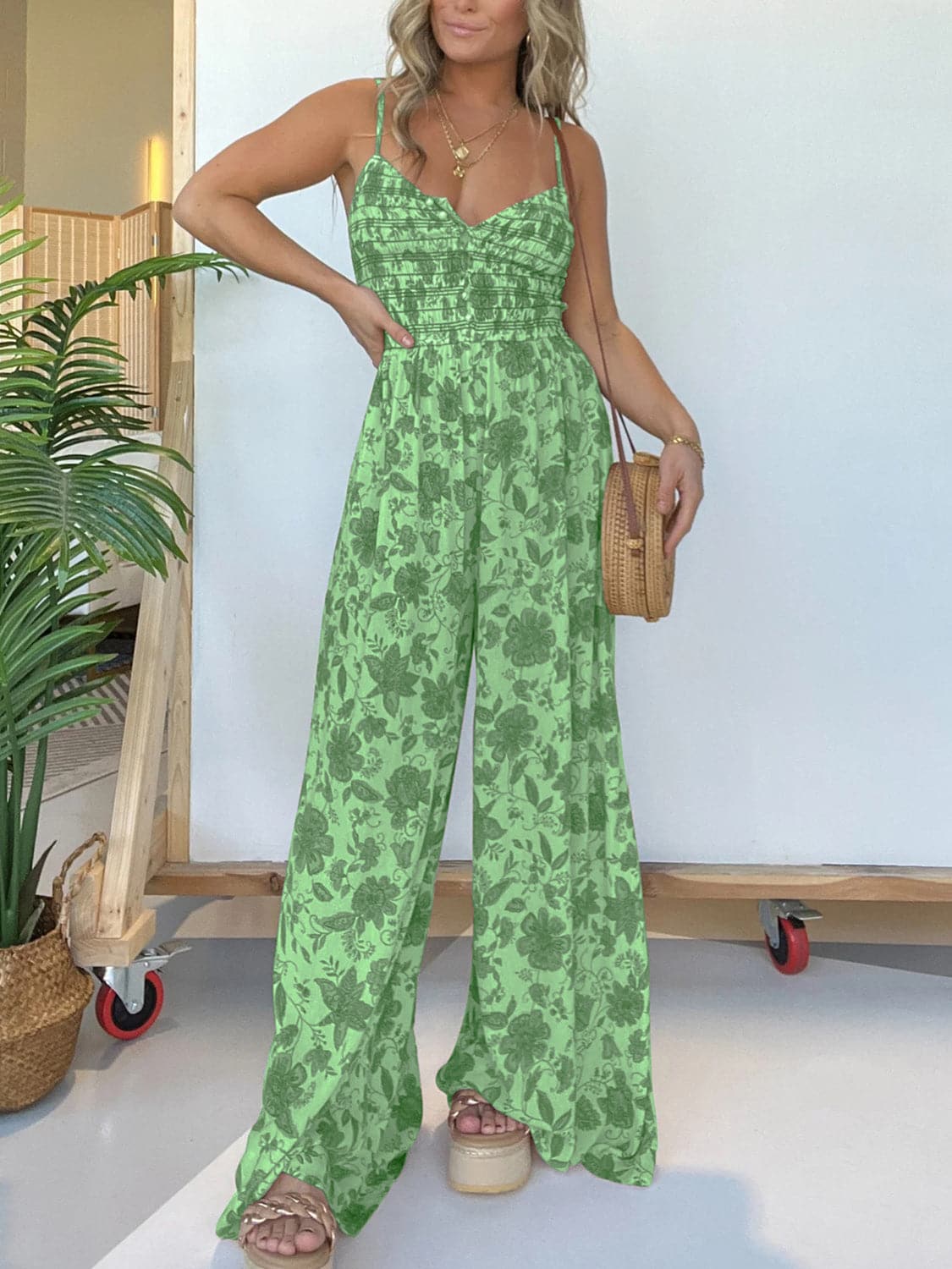 Full Size Printed Spaghetti Strap Wide Leg Jumpsuit.