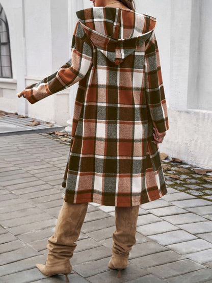 Chic plaid hooded coat with pockets