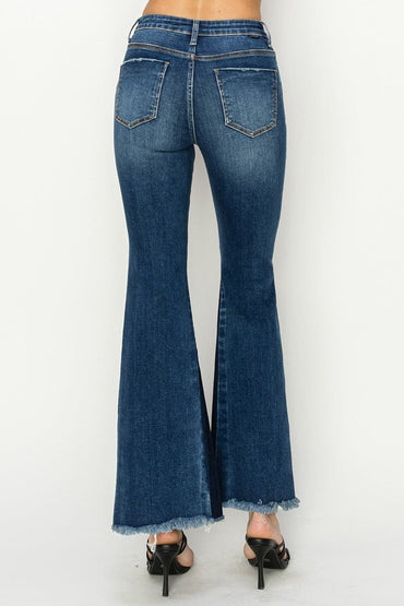 RISEN Full Size High Rise Side Shadow Seam Detail Slit Flare Jeans.