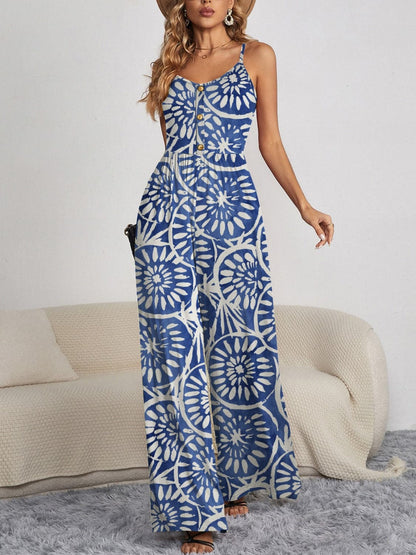 Decorative Button Spaghetti Strap Wide Leg Jumpsuit.