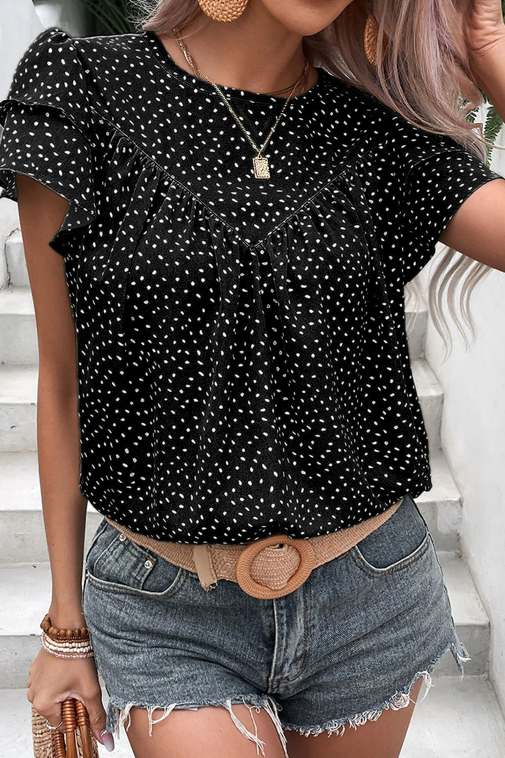 Fiery Red Spotted Print Pleated Ruffle Sleeve Blouse Divine Design4U