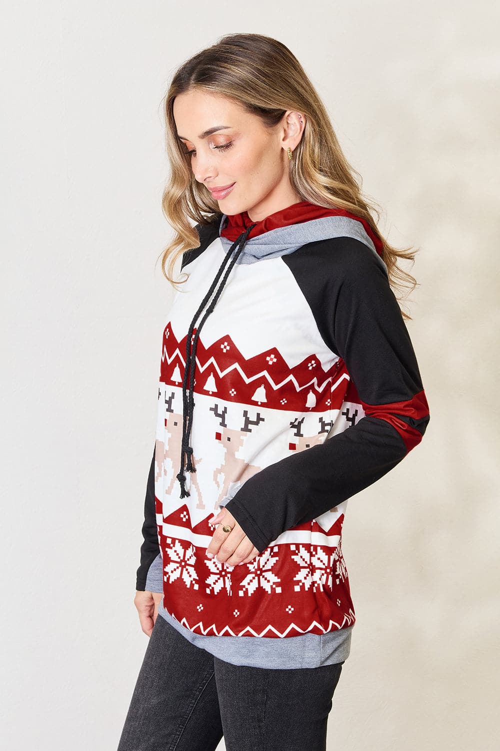 Double Take Full Size Christmas Drawstring Long Sleeve Hoodie.