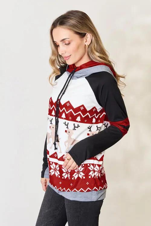 Double Take Full Size Christmas Drawstring Long Sleeve Hoodie - Love Salve