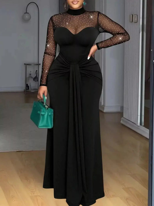Mesh Mock Neck Long Sleeve Maxi Dress Simply Love