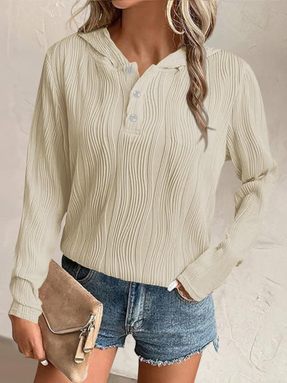 Chic textured long sleeve hoodie with buttoned sheer details