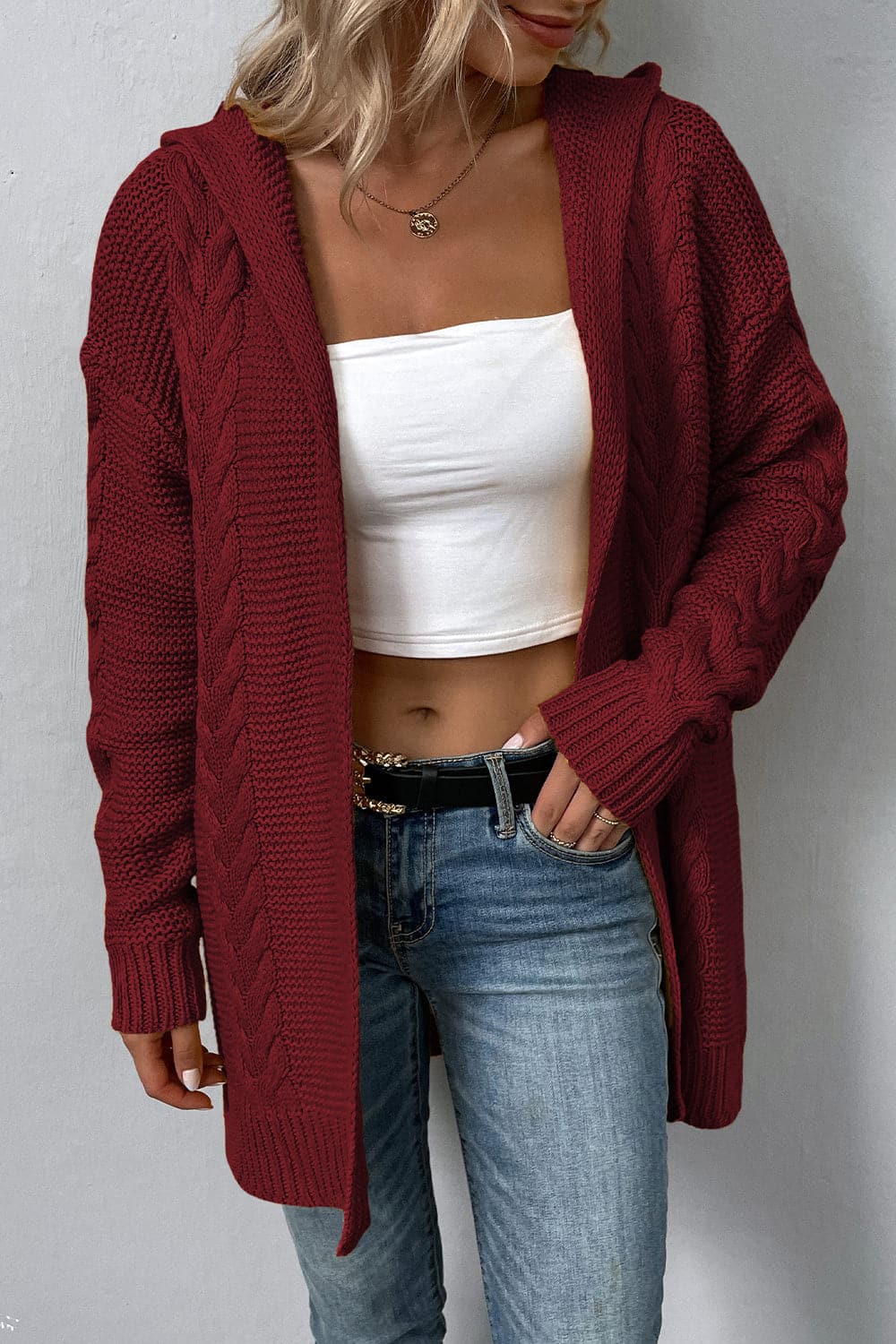 Cable-Knit Dropped Shoulder Hooded Cardigan.